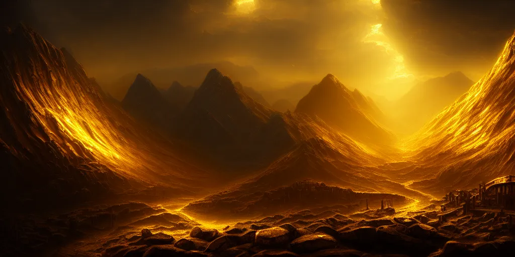 Image similar to epic cinematic background for a movie about ancient gold, dynamic light, mountains of metallic gold coins, cinematic, cinematic light ,detailed, dark, ancient, moody, dramatic atmosphere, artstation, beautiful, intricate details, interesting shot, digital painting,