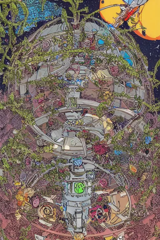 Image similar to exotic garden spaceship in space in the style of geof darrow, geof darrow art,