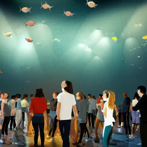 Prompt: cartoon, a lot of people communicating with each other in groups of ten, a large hall, dim painterly lighting volumetric aquatics