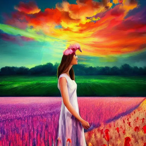 Image similar to giant gladiola flower as head, full body girl standing in a flower field, surreal photography, sunrise, dramatic light, impressionist painting, colorful clouds, digital painting, artstation, simon stalenhag