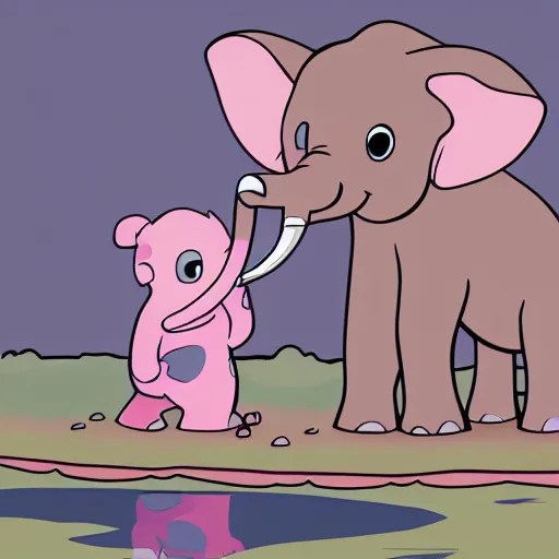 Prompt: a cartoon picture of a baby elephant drinking from a pond, a child's drawing by stan and jan berenstain, pixiv, furry art, childs drawing, furaffinity, storybook illustratio, digital art, professional, high quality, detailed n