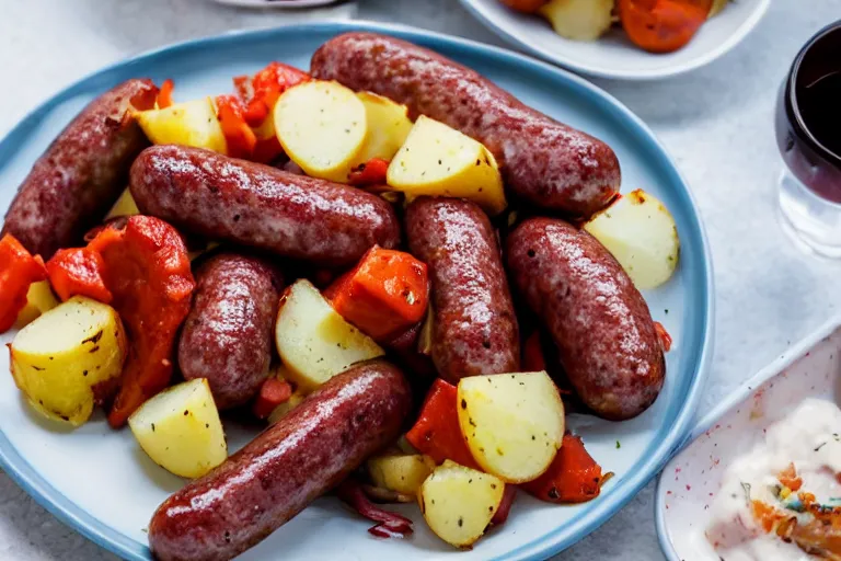 Image similar to bbq sausages potato salad dinner shallow fried food photography delicious