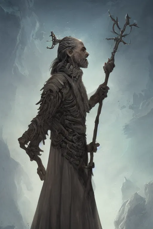 Prompt: profile view, a necromancer with a staff casts a spell that reveals the secret of life the universe and everything, dirty linen robes, staff of bones, grizzled bearded withered man by jessica rossier and hr giger