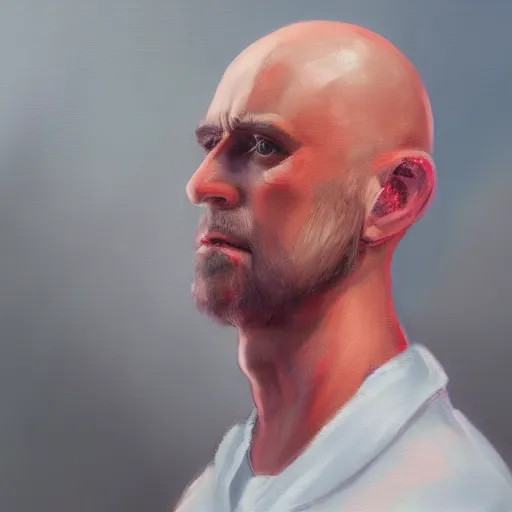 Prompt: an artstation trending portrait painting of a bald english man standing in front of a building on fire