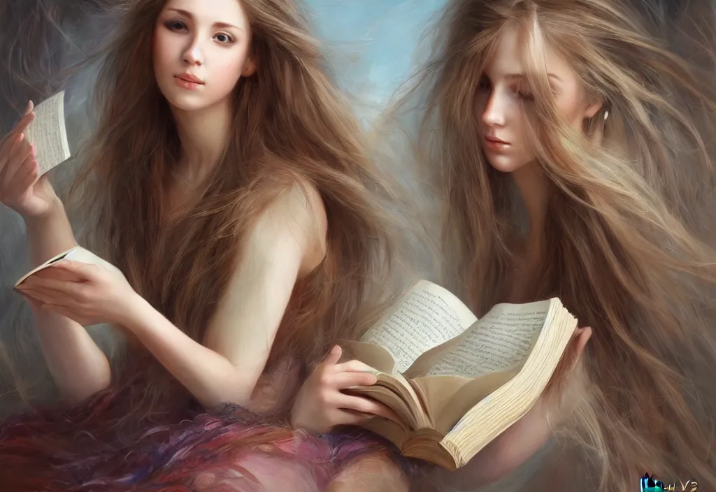 Image similar to a girl reading a book, hair flowing down, 8 k, hyperrealistic, hyperdetailed, fantasy portrait by laura sava, singular woman