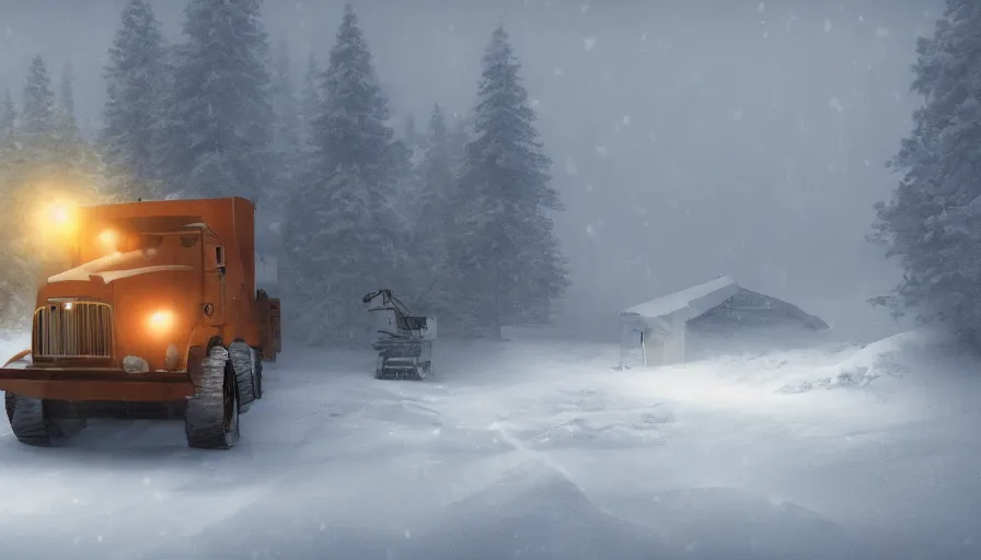 Prompt: A Snowplow!! clearing a beautiful snowy landscape with a small hut in the background. A blizzard and heavy snow falls. Fog and mist, highly detailed, concept art, digital art, 4k, high snow