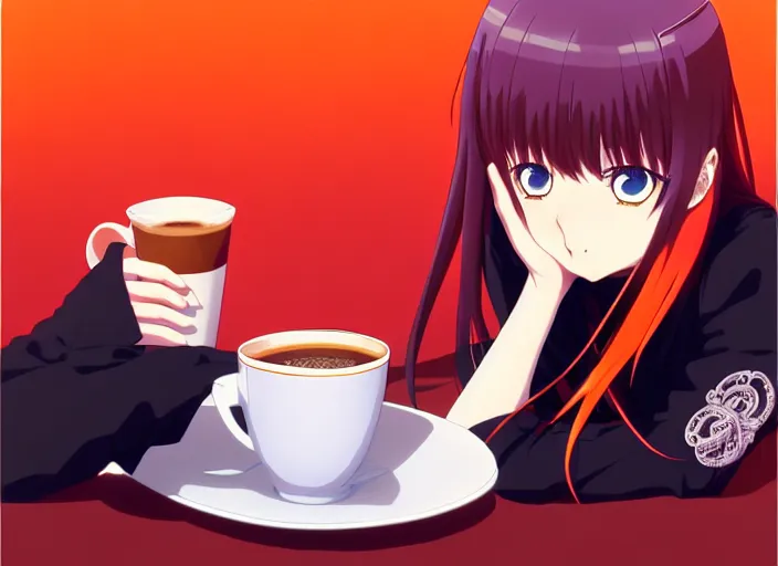 Prompt: anime Kula Diamond drinking coffee, Karolis Strautniekas,omoide emanon, tsuruta kenji, murata range,kawaii, kyoto animation, manga, intricate, detailed, studio lighting, orange red black white, gradation,editorial illustration, matte print, Ilya Kuvshinov