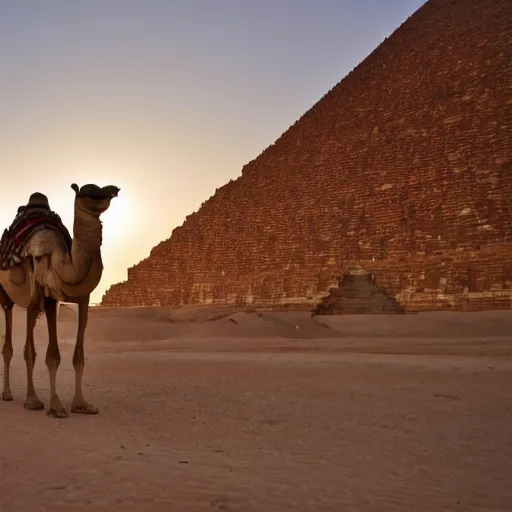 Image similar to photo a camel walking up the great pyramid, award winning, golden hour