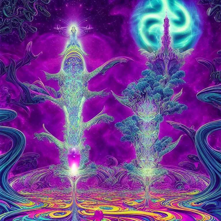 Prompt: mysterious cosmic kitten hovering over haunted mystical temple, infinite hallucinogenic fractal waves, # f 2 2 2 ff # 8 c 1 eff synthwave, bright neon colors, highly detailed, cinematic, eyvind earle, tim white, philippe druillet, roger dean, ernst haeckel, lisa frank, aubrey beardsley, kubrick