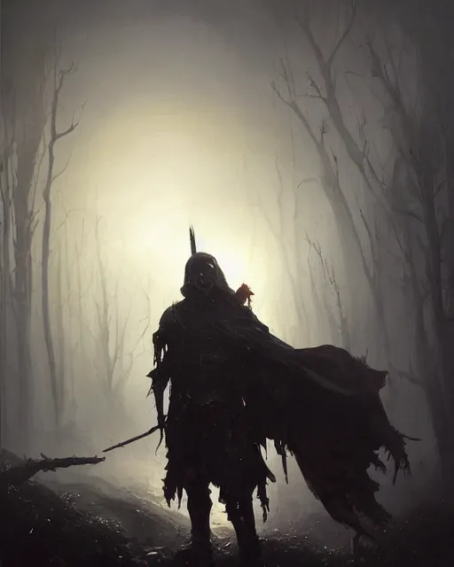 Image similar to Hyper realistic oil painting of an undead knight, knight in the foreground, fog, volumetric lighting, nighttime, moonlight, creepy, by greg rutkowski