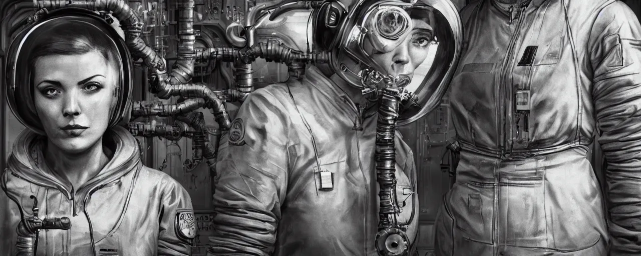 Prompt: detailed ink character concept art 3 / 4 portrait of tattooed stoic heroic emotionless butch blonde woman engineer with short slicked - back hair, wearing dirty flight suit, wearing dark victorian goggles, working inside reactor room, awkward and uncomfortable and anxious, dirty. industrial space program, scifi, hyper detailed. octane render. trending on artstation