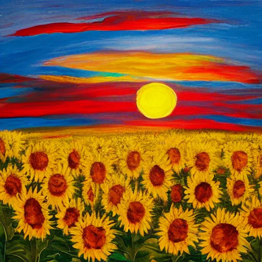 Image similar to Impasto painting of a polar bear in a field of sunflowers over a sunset, ayahuasca