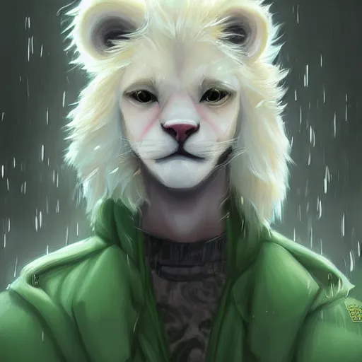 Prompt: aesthetic portrait commission of a albino male furry anthro lion in a rainy utopian city while wearing a cute green jacket cozy soft pastel winter outfit with pearls on it, rainy atmosphere. character design by charlie bowater, ross tran, artgerm, and makoto shinkai, detailed, inked, western comic book art, 2 0 2 1 award winning painting