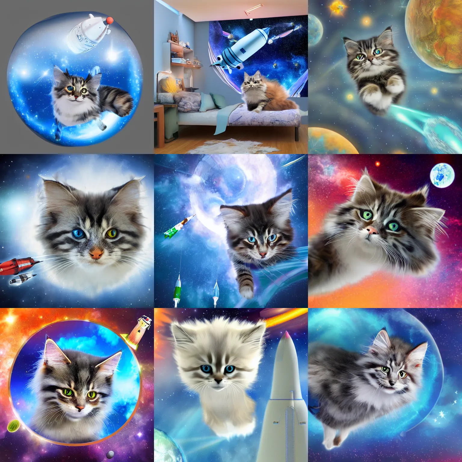 Prompt: chibi blue Siberian forest cat flying in a rocket ship through space, 3D art, highly detailed, 8k HD