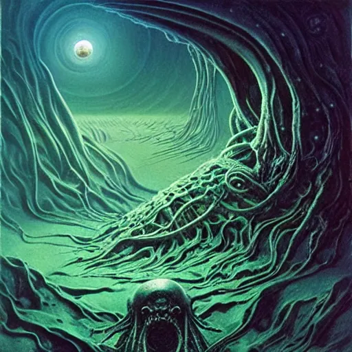 Image similar to outer space with eldritch terror and Cthulhu in the middle of composition, cosmic horror, ultra realistic, highly detailed, HD, sharp focus, cinematic lighting, realistic, art by HR Giger, art by Zdzislaw Beksinski