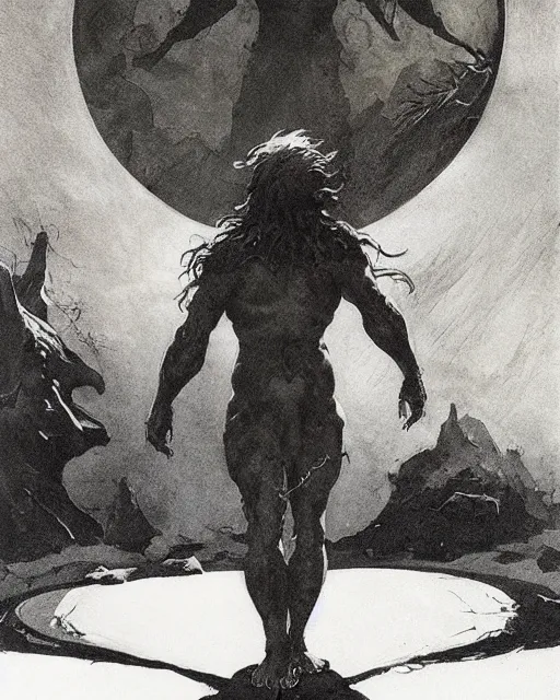 Image similar to a druid standing in a circle at the beginning of the world by frank frazetta