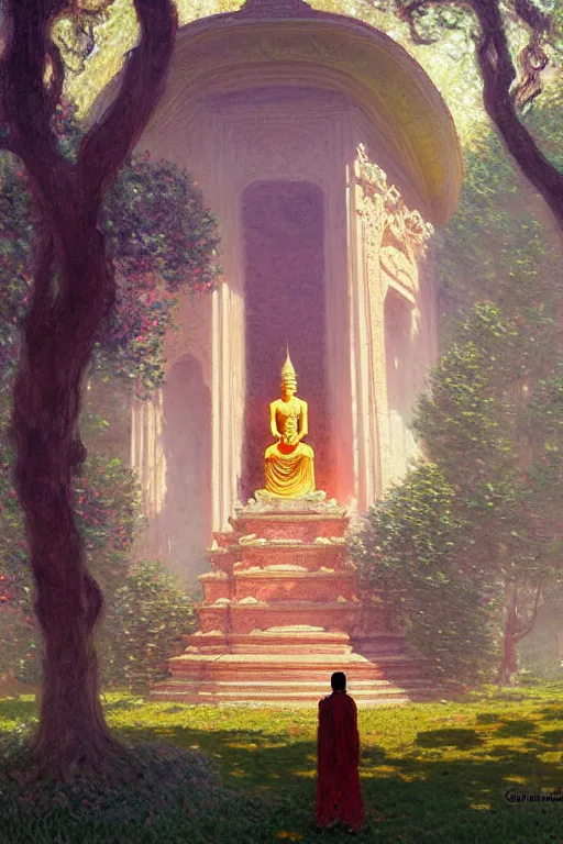 Image similar to temple, buddhism, impressionnisme, painting by greg rutkowski, artgerm, claude monet