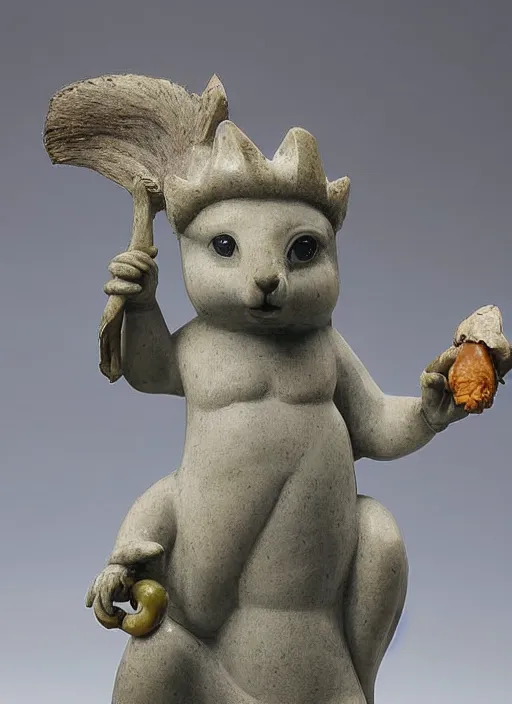 Image similar to A marble statue of a squirrel holding an acorn in the style of Statue of Liberty. museum photo