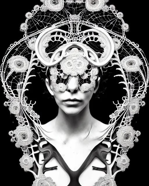 Prompt: surreal black and white photo portrait of complex bio-mechanical beautiful young female vegetal-cyborg with a Mandelbrot fractal metal fine lace face, curled silver hair, 150 mm lens, soft rim light, fine metal floral foliage super big lace collar by Alexander McQueen, high fashion, haute couture, rococo, steampunk, silver filigree details, anatomical, facial muscles, cable wires, microchip, elegant, hyper realistic, octane render, unreal engine, in the style Dora Maar, volumetric lighting, 8k,