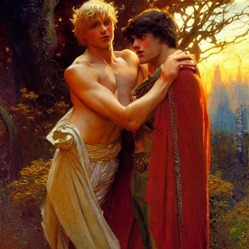 Image similar to attractive, arthur pendragon in love with attractive male, merlin the mage. highly detailed painting by gaston bussiere, craig mullins, j. c. leyendecker