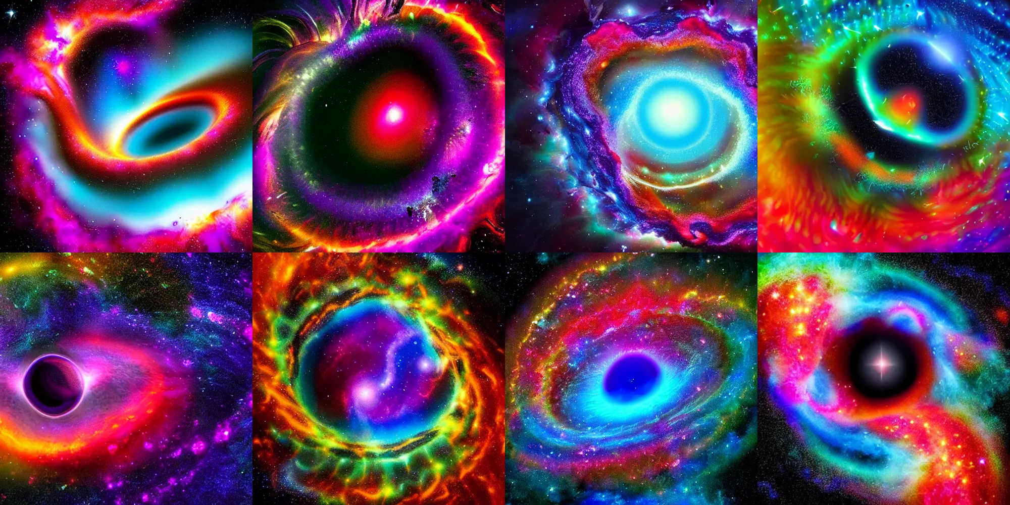 Prompt: the emergence of a black hole as a nebula explosion, super colorful psychedelic magnetic waves forming the black hole, irridescent, magnificent beautiful space-art, digital art