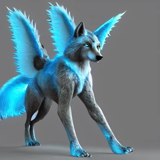 Prompt: 3 d render, well toned, large, female anthropomorphic wolf with wings, blue fur and scales with white spots and wings on her back, icey blue dress, furr covering her chest.