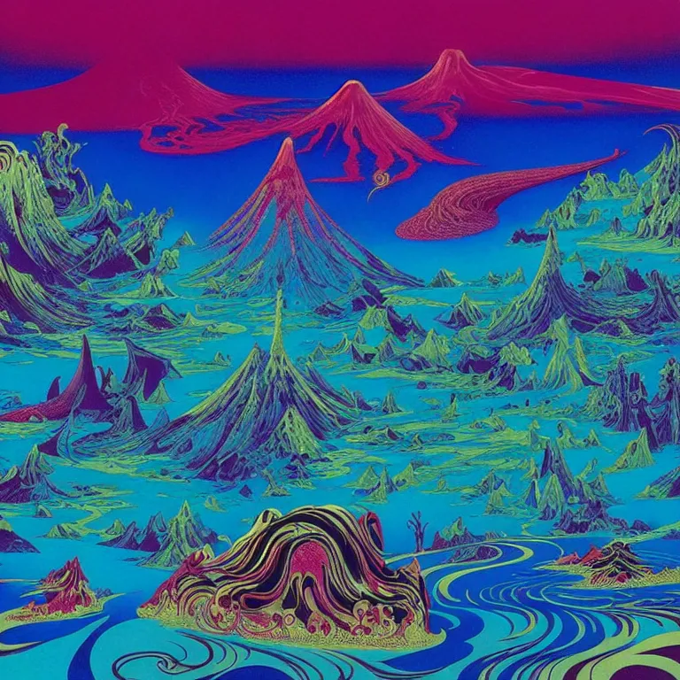 Image similar to volcanoes under the infinte sea, bright hallucinogenic neon colors, highly detailed, cinematic, eyvind earle, tim white, philippe druillet, roger dean, lisa frank, aubrey beardsley, hiroo isono