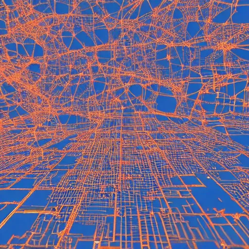 Prompt: an electron microscope image of a sprawling mega city, bokeh, 3D render, magnified, orange and blue wireframe render, 4k HD