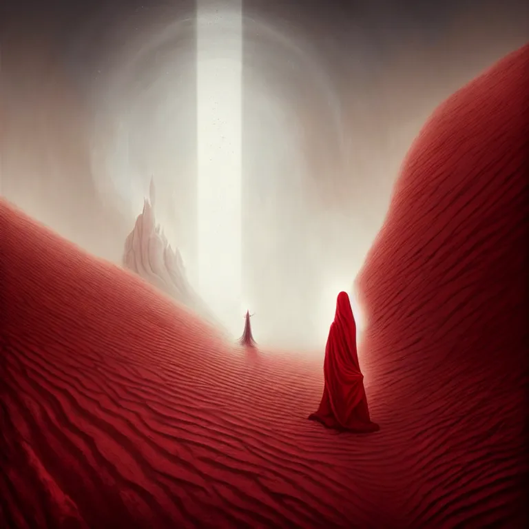 Image similar to one lone singular swirling otherworldly angelic figure shrouded in red robes emerges from extensive barren white dunescape, matte painting by peter mohrbacher and filip hodas, background basilica sacre coeur, godrays, high contrast, highly detailed, a