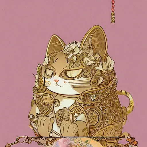 Image similar to A cute maneki neko waving, flowers around, D&D, fantasy, intricate, cinematic lighting, highly detailed, digital painting, artstation, concept art, smooth, sharp focus, illustration, art by Akihiko Yoshida, Greg Rutkowski and Alphonse Mucha