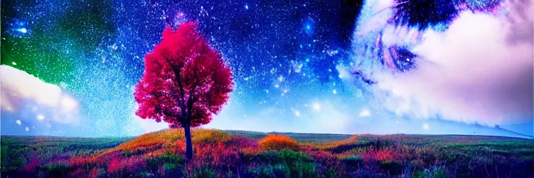 Image similar to beautiful trees, colorful stars and galaxies, rainbow, clouds, wilderness, psychedelic, trending on artstation, hd photography