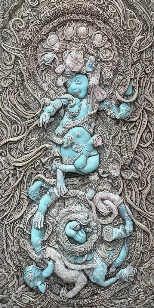 Image similar to intricate colourfully painted carved Soapstone relief paneling, white and pale blue , celestial, pig, piglet, piggy, pig goddess, mother earth, Earth Goddess mythology, Gaia, angels, divinity, Ghostly, crystaline celtic, insanly detailed , artstation, wallpaper, hyper realistic, realistic lighting