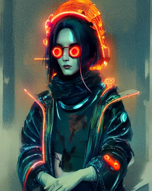 Image similar to detailed full body portrait of a gorgeous witch, cyberpunk futuristic neon, orange reflective puffy coat, decorated with traditional Japanese ornaments by Ismail inceoglu dragan bibin hans thoma greg rutkowski Alexandros Pyromallis Nekro Rene Maritte Illustrated, Perfect face, fine details, realistic shaded, fine-face, pretty face