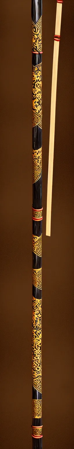 Image similar to single wooden long straight thin ninja fighting staff decorated with oriental ornaments, polished, weapon, highlight, vertical, centred, highly symmetric, sci - fi, fantasy, japan, dnd, close shot, bright uniform background, directional lighting, digital art, hyperrealism, award winning, 8 k, trending on art station