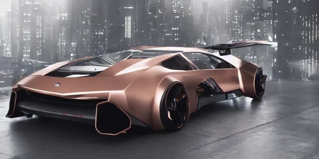 Image similar to a design of a futuristic DMC Delorian, designed by Polestar, blade runner background, back view, light copper car paint, black windows, sportscar, black show room, dramatic lighting, octane rendering, unreal engine rendering, hyper realistic render, depth of field, octane rendering