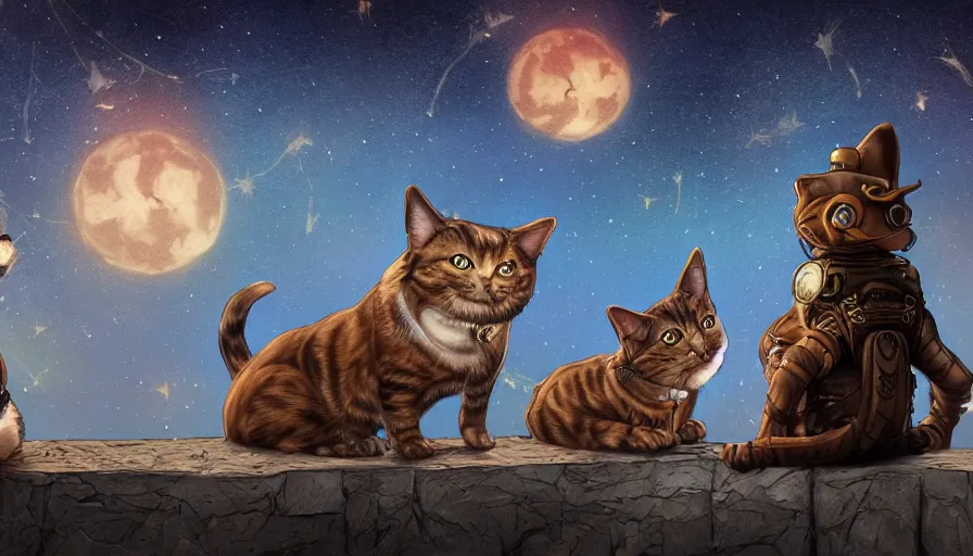 Prompt: steampunk cat and steampunk dog looking at the stars at night, stardusts, back view, hyperdetailed, artstation, cgsociety, 8 k