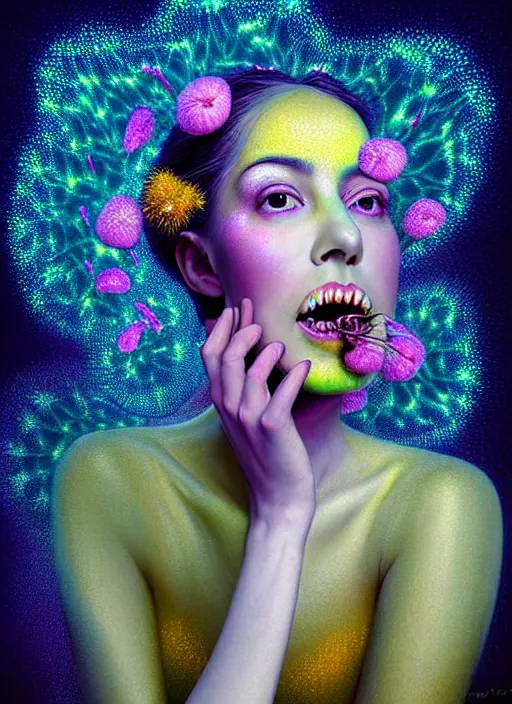 Image similar to hyper detailed 3d render like a chiariscuro Oil painting with focal blur - Aurora (Singer) looking adorable and seen in dynamic pose joyfully Eating of the Strangling network of yellowcake aerochrome and milky Fruit and Her delicate Hands hold of gossamer polyp blossoms bring iridescent fungal flowers whose spores black the foolish stars to her smirking mouth by Jacek Yerka, Mariusz Lewandowski, Houdini algorithmic generative render, Abstract brush strokes, Masterpiece, Edward Hopper and James Gilleard, Zdzislaw Beksinski, Mark Ryden, Wolfgang Lettl, hints of Yayoi Kasuma, octane render, 8k