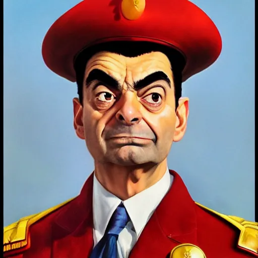 Image similar to ultra realistic painting of mr bean as m. bison from street fighter, art by frank frazetta, 4 k, ultra realistic, highly detailed, epic lighting