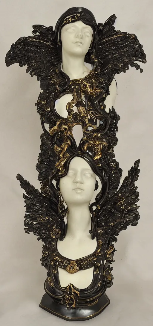 Image similar to carved black marble mechanical bust wearing hard surface armour, subtle gold accents, frontal view, ivory rococo, wings lace wear, hyper detailed, insane details, intricate