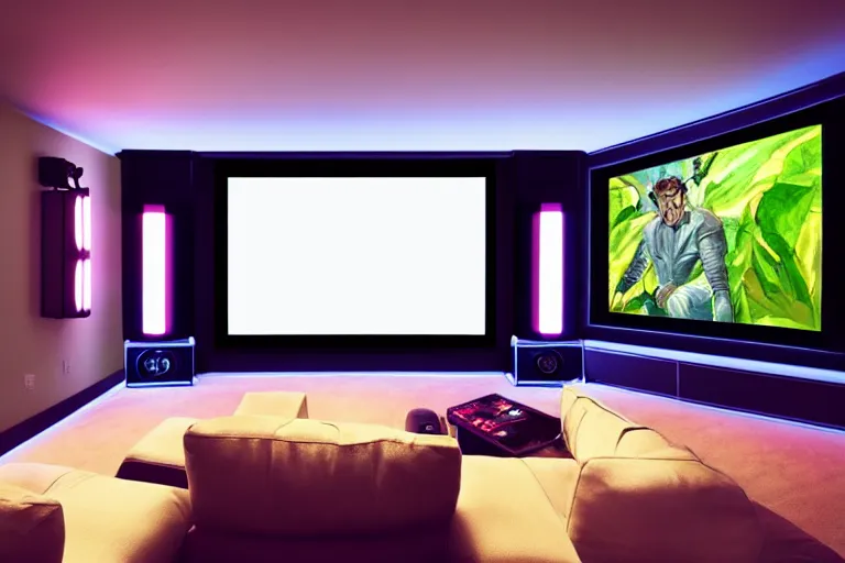 Image similar to very wide angle view, a modern home movie theater with giant projector screen!!, stylish wall sconces lights, detailed art deco decoration!!, plants, popcorn machine, rough watercolor painting, trending on artstation