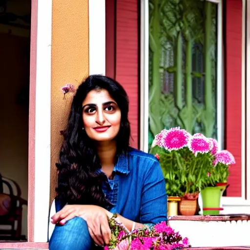 Image similar to a beautiful portrait of actress rabia soyturk sitting on the porch holding a flower, in front of the house