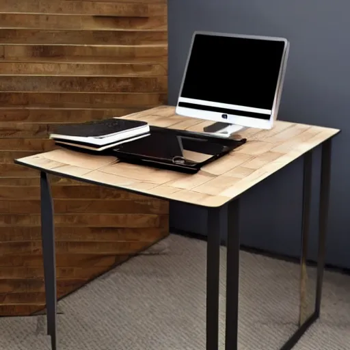 Prompt: a modern concept of a computer table made of wood and metal