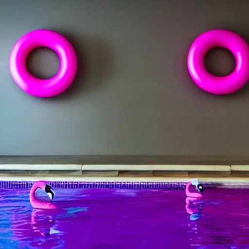 Prompt: dark poolroom liminal space with pink flamingo floaties, liminal photography, bad lighting,