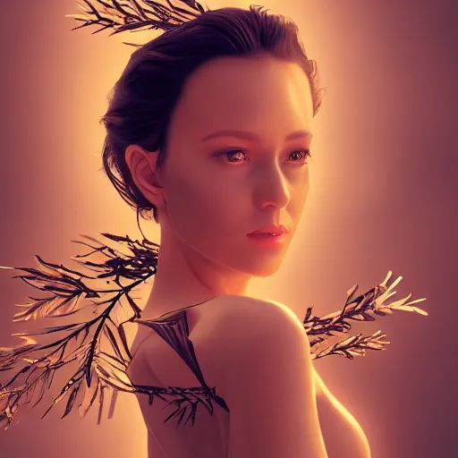 Image similar to a highly detailed digital image of a futuristic elegant woman wrapped with leaves, artstation, extremely detailed woman, stunning volumetric lighting, 4k,