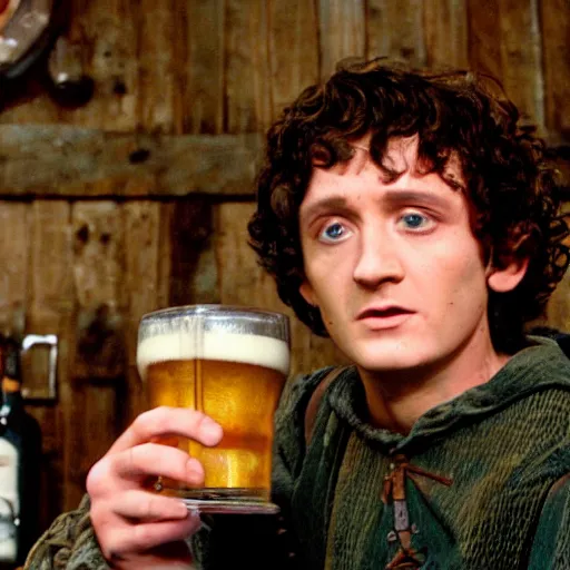 Prompt: Frodo drinking a pint from a wooden mug at the Prancing Pony Inn