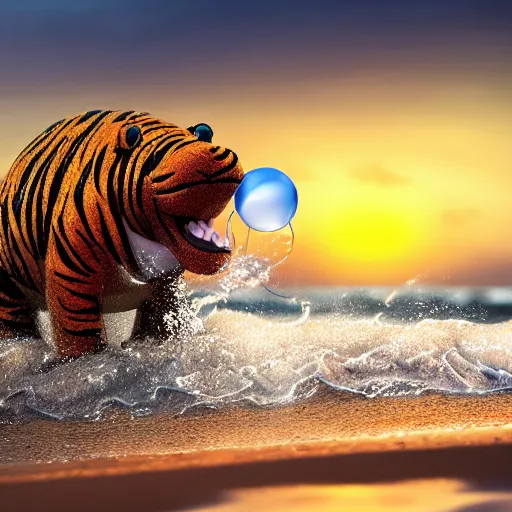 Image similar to a closeup photorealistic photograph of a cute smiling knitted tiger hippopotamus chasing a beachball at sunset. surf in the background. professional capture. this 4 k hd image is trending on artstation, featured on behance, well - rendered, extra crisp, features intricate detail, epic composition and the style of unreal engine.