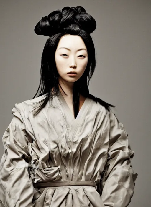 Prompt: a portrait of a japanese model detailed features wearing a cargo wedding dress - chic'techno fashion trend lots of zippers, pockets, synthetic materials, jumpsuits. - by issey miyake by ichiro tanida and mitsuo katsui