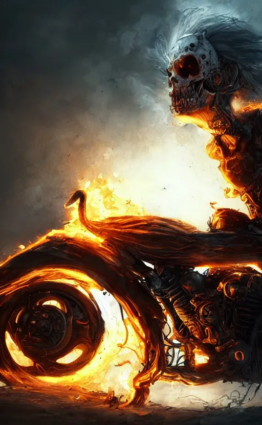 Image similar to dead as ghost rider, dynamic lighting, photorealistic fantasy concept art, trending on art station, stunning visuals, terrifying, creative, cinematic