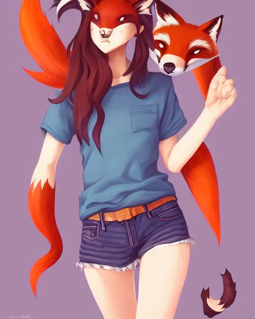 Image similar to fullbody portrait of wild half - fox woman with fox nose and ears, wearing summer jeans shorts and tshirt, anime art, concept art, detailed attractive face with fox nose and fox mouth, symmetrical, trending on pixiv, by lois van baarle by sung choi by john kirby artgerm style pascal blanche and magali villeneuve