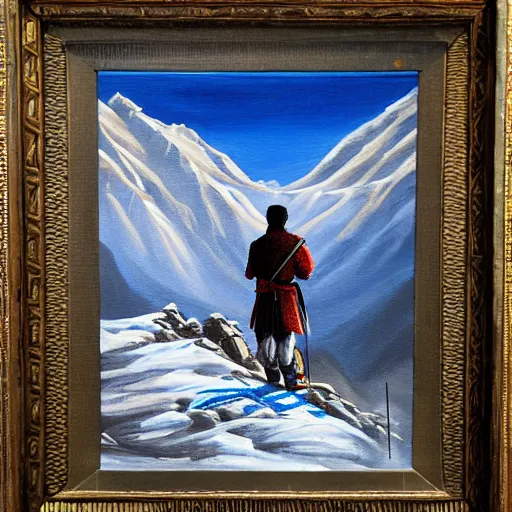 Image similar to painting of a lonesome warrior at the peak of himalayas, style of hiroki takeda